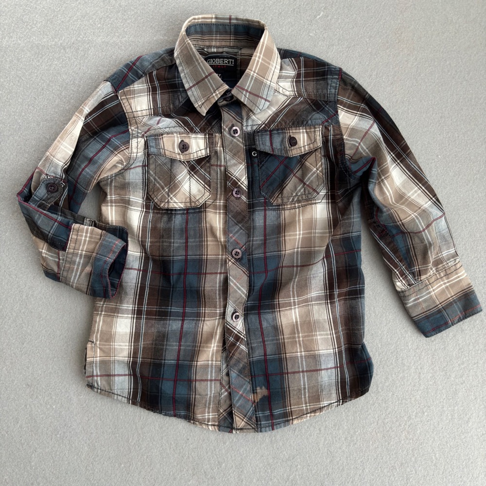 Gioberti Italy Boys 4T Plaid Button Down Shirt Brown Blue LS-22R Long Sleeve